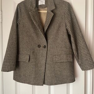Zara Black and White Houndstooth Blazer Structured Wool Blend